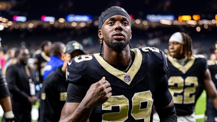 Sep 8, 2024; New Orleans, Louisiana, USA; New Orleans Saints cornerback Paulson Adebo (29) heads to the locker room after the game against the Carolina Panthers at Caesars Superdome. Mandatory Credit: Stephen Lew-Imagn Images