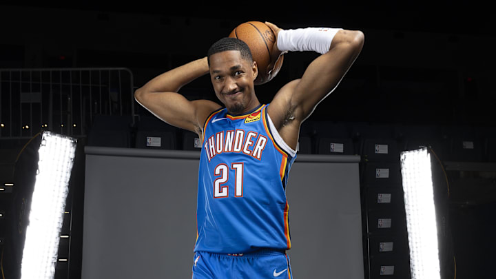 Sep 29, 2025; Oklahoma City, OK, USA; Oklahoma City Thunder guard Aaron Wiggins (21) poses for a photo during the 2025 Oklahoma City Thunder media day at Paycom Center. Mandatory Credit: Alonzo Adams-Imagn Images