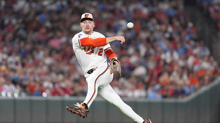 Aug 1, 2026; Baltimore, Maryland, USA; Baltimore Orioles shortstop Gunnar Henderson (2) leaps and throws to first base for an out against Philadelphia Phillies center fielder Justin Crawford (not pictured) during the fifth inning at Oriole Park at Camden Yards. Mandatory Credit: Gregory Fisher-Imagn Images Aug 1, 2026; Baltimore, Maryland, USA; Baltimore Orioles shortstop Gunnar Henderson (2) leaps and throws to first base for an out against Philadelphia Phillies center fielder Justin Crawford (not pictured) during the fifth inning at Oriole Park at Camden Yards. Mandatory Credit: Gregory Fisher-Imagn Images