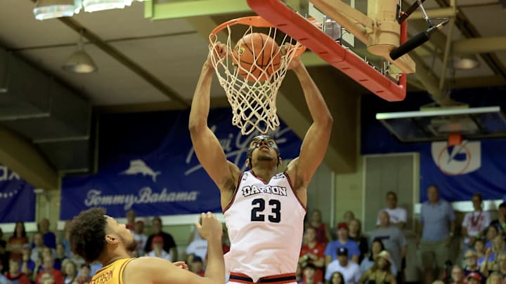 Nov 26, 2024; Lahaina, Hawaii, USA; Dayton Flyers forward Zed Key (23) dunks over Iowa State Cyclones forward Joshua Jefferson (2) in the second half at Lahaina Civic Center. Mandatory Credit: Marco Garcia-Imagn Images