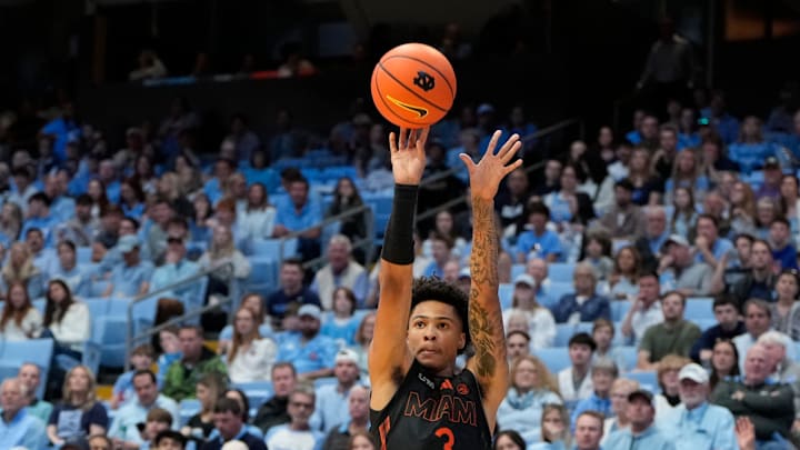 Mar 1, 2025; Chapel Hill, North Carolina, USA;  Miami (Fl) Hurricanes guard Jalil Bethea (3) shoots in the first half at Dean E. Smith Center. Mandatory Credit: Bob Donnan-Imagn Images