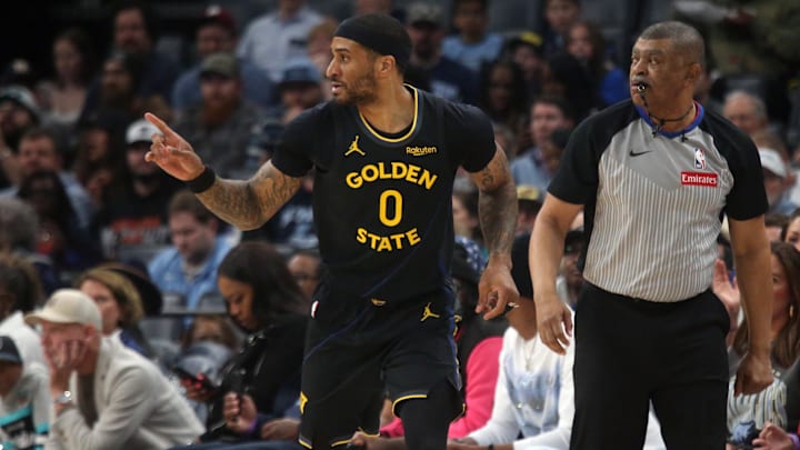 Feb 25, 2026; Memphis, Tennessee, USA; Golden State Warriors guard Gary Payton II (0) reacts after a three point basket during the second quarter against the Memphis Grizzlies at FedExForum. Mandatory Credit: Petre Thomas-Imagn Images