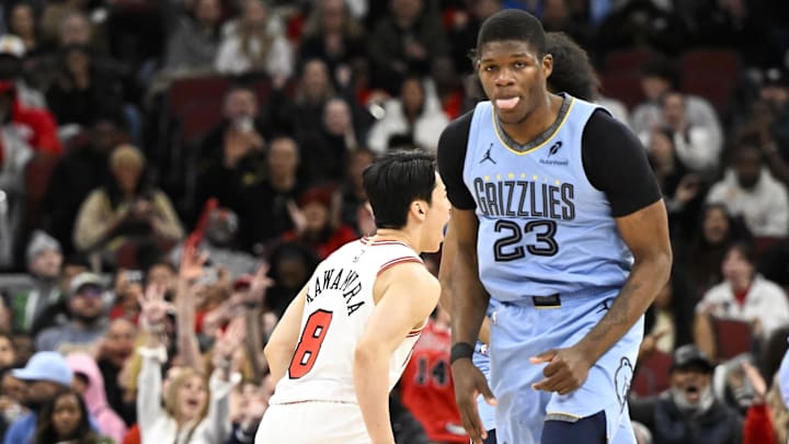 Mar 16, 2026; Chicago, Illinois, USA; Chicago Bulls guard Yuki Kawamura (8) reacts after he scores against  Memphis Grizzlies forward Cedric Coward (23) during the second half at United Center. Mandatory Credit: Matt Marton-Imagn Images