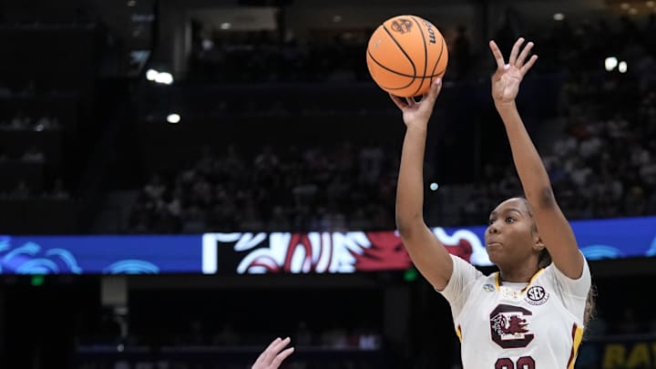 Apr 6, 2025; Tampa, FL, USA; South Carolina Gamecocks guard Bree Hall (23) shoots a three-point basket against South Carolina Gamecocks guard Tessa Johnson (5) during the first half of the national championship of the women's 2025 NCAA tournament at Amalie Arena. Mandatory Credit: Kirby Lee-Imagn Images Apr 6, 2025; Tampa, FL, USA; South Carolina Gamecocks guard Bree Hall (23) shoots a three-point basket against South Carolina Gamecocks guard Tessa Johnson (5) during the first half of the national championship of the women's 2025 NCAA tournament at Amalie Arena. Mandatory Credit: Kirby Lee-Imagn Images