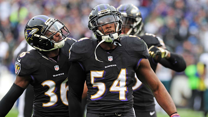 Dec 18, 2016; Baltimore, MD, USA; Baltimore Ravens linebacker Zachary Orr (54) is congratulated by cornerback Tavon Young (36) after an interception in the first quarter against the Philadelphia Eagles at M&T Bank Stadium. Mandatory Credit: Evan Habeeb-Imagn Images