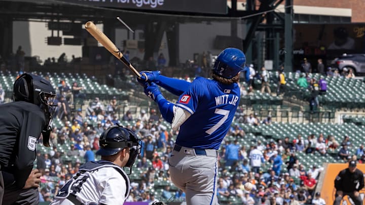 Apr 26, 2024; Detroit, Michigan, USA; Kansas City Royals shortstop Bobby Witt Jr. (7) hits a triple Apr 26, 2024; Detroit, Michigan, USA; Kansas City Royals shortstop Bobby Witt Jr. (7) hits a triple