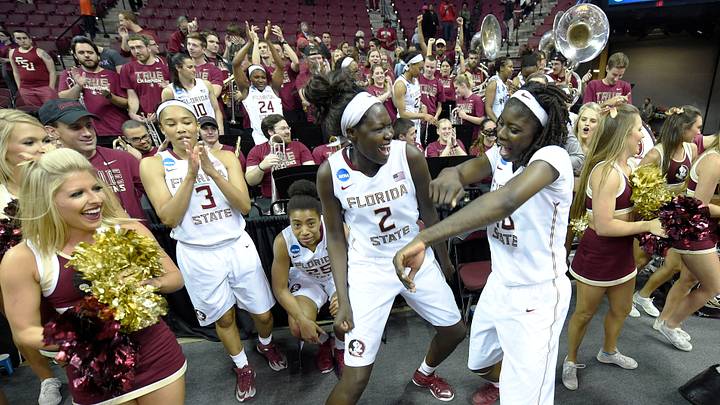 Mar 23, 2015; Tallahassee, FL, USA; Florida State Seminoles guard Emiah Bingley (3) and center Adut Bulgak (2) and forward Shakayla Thomas (20) celebrate following the Seminoles 65-47 victory over the Florida Gulf Coast Eagles during the second half of a game in the second round of the 2015 NCAA Tournament at the Donald L. Tucker Civic Center. Mandatory Credit: John David Mercer-USA TODAY Sports Mar 23, 2015; Tallahassee, FL, USA; Florida State Seminoles guard Emiah Bingley (3) and center Adut Bulgak (2) and forward Shakayla Thomas (20) celebrate following the Seminoles 65-47 victory over the Florida Gulf Coast Eagles during the second half of a game in the second round of the 2015 NCAA Tournament at the Donald L. Tucker Civic Center. Mandatory Credit: John David Mercer-USA TODAY Sports