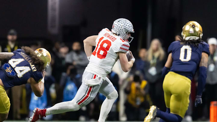Jan 20, 2025; Atlanta, GA, USA; Ohio State Buckeyes quarterback Will Howard (18) against the Notre Dame Fighting Irish during the CFP National Championship college football game at Mercedes-Benz Stadium. Mandatory Credit: Mark J. Rebilas-Imagn Images