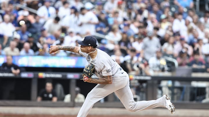 Jun 26, 2024; New York City, New York, USA;  New York Yankees starting pitcher Luis Gil (81) pitches in the first inning against the New York Mets at Citi Field. Mandatory Credit: Wendell Cruz-USA TODAY Sports