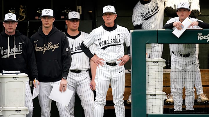 Vanderbilt head coach Tim Corbin watches his team face Xavier during the first inning at Hawkins Field in Nashville, Tenn., Friday, March 7, 2025.
