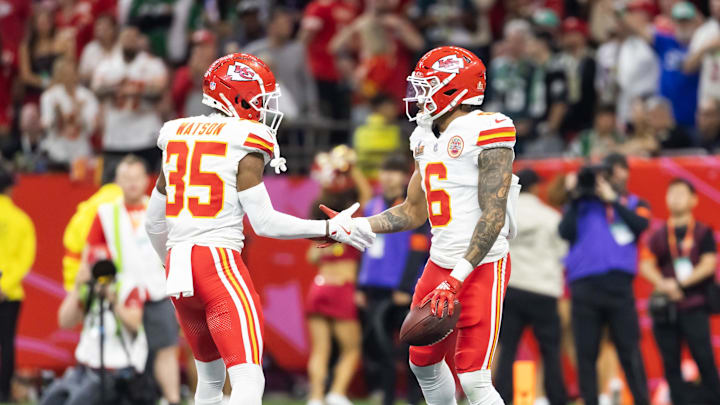 Feb 9, 2025; New Orleans, LA, USA;  Kansas City Chiefs safety Bryan Cook (6) celebrates with teammate Jaylen Watson (35) after an interception against the Philadelphia Eagles in the second quarter in Super Bowl LIX at Ceasars Superdome. Mandatory Credit: Mark J. Rebilas-Imagn Images