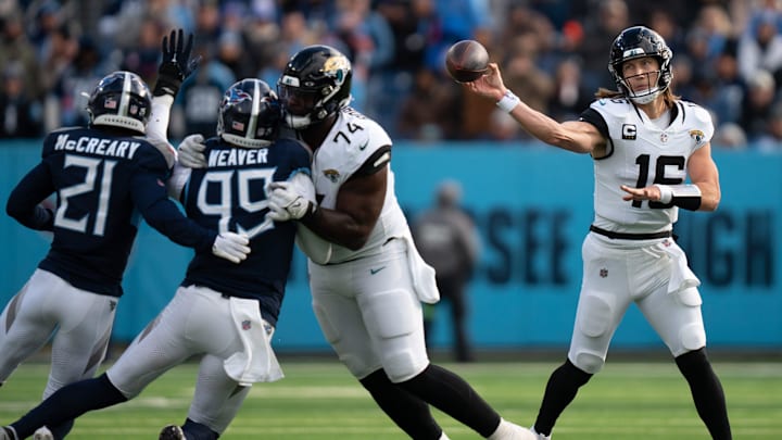 Jacksonville Jaguars quarterback Trevor Lawrence (16) throws against the Tennessee Titans during