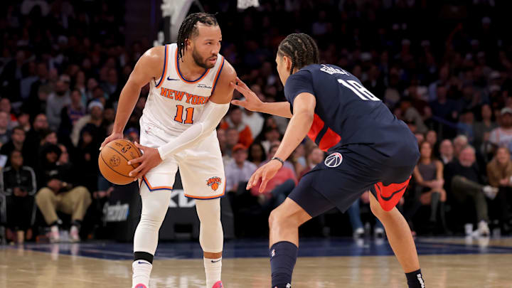Nov 18, 2024; New York, New York, USA; New York Knicks guard Jalen Brunson (11) controls the ball against Washington Wizards forward Kyshawn George (18) during the third quarter at Madison Square Garden. Mandatory Credit: Brad Penner-Imagn Images Nov 18, 2024; New York, New York, USA; New York Knicks guard Jalen Brunson (11) controls the ball against Washington Wizards forward Kyshawn George (18) during the third quarter at Madison Square Garden. Mandatory Credit: Brad Penner-Imagn Images