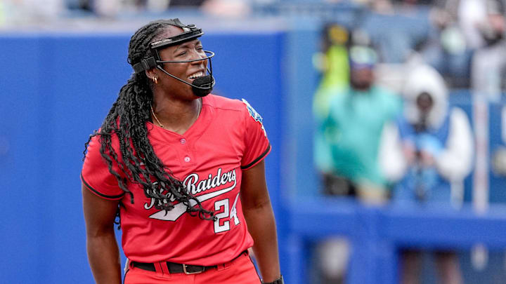Texas Tech starting pitcher NiJaree Canady (24) celebrates a strikeout in the first inning during game 3 between Texas Tech and Ole Miss at the Women’s College World Series at Devon Park in Oklahoma City, on Thursday, May 29, 2025.
