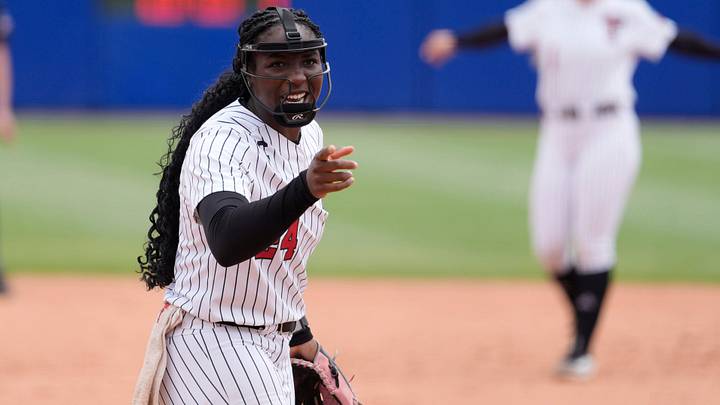 Texas Tech Red Raiders starting pitcher Nijaree Canady (24) gestures after an out during a Women's College World Series softball game between the Texas Tech Red Raiders and the Mississippi State Bulldogs at Devon Park in Oklahoma City, Thursday, May 28, 2026. Texas Tech Red Raiders starting pitcher Nijaree Canady (24) gestures after an out during a Women's College World Series softball game between the Texas Tech Red Raiders and the Mississippi State Bulldogs at Devon Park in Oklahoma City, Thursday, May 28, 2026.