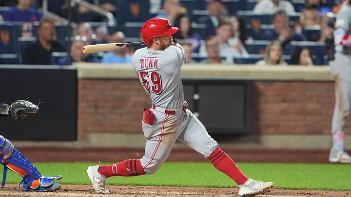 May 27, 2026; New York City, New York, USA; Cincinnati Reds right fielder Blake Dunn (59) hits a single against the New York Mets during the sixth inning at Citi Field. Mandatory Credit: Gregory Fisher-Imagn Images