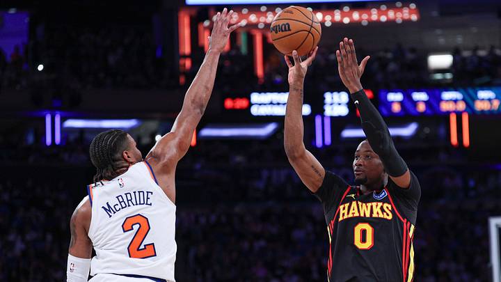 Apr 18, 2026; New York, New York, USA; Atlanta Hawks forward Jonathan Kuminga (0) shoots the ball as New York Knicks guard Miles McBride (2) defends during the second half of the 2026 NBA Playoffs at Madison Square Garden. Mandatory Credit: Vincent Carchietta-Imagn Images Apr 18, 2026; New York, New York, USA; Atlanta Hawks forward Jonathan Kuminga (0) shoots the ball as New York Knicks guard Miles McBride (2) defends during the second half of the 2026 NBA Playoffs at Madison Square Garden. Mandatory Credit: Vincent Carchietta-Imagn Images