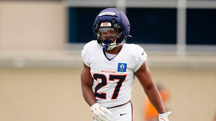 Aug 3, 2026; Englewood, CO, USA; Denver Broncos running back J.K. Dobbins (27) during training camp at Broncos Park. Mandatory Credit: Ron Chenoy-Imagn Images Aug 3, 2026; Englewood, CO, USA; Denver Broncos running back J.K. Dobbins (27) during training camp at Broncos Park. Mandatory Credit: Ron Chenoy-Imagn Images