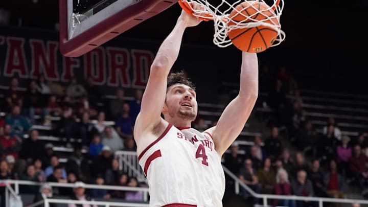 Dec 7, 2025; Stanford, California, USA; Stanford Cardinal forward AJ Rohosy (4) dunks against the UNLV Runnin' Rebels in the first half at Maples Pavilion. Mandatory Credit: David Gonzales-Imagn Images Dec 7, 2025; Stanford, California, USA; Stanford Cardinal forward AJ Rohosy (4) dunks against the UNLV Runnin' Rebels in the first half at Maples Pavilion. Mandatory Credit: David Gonzales-Imagn Images