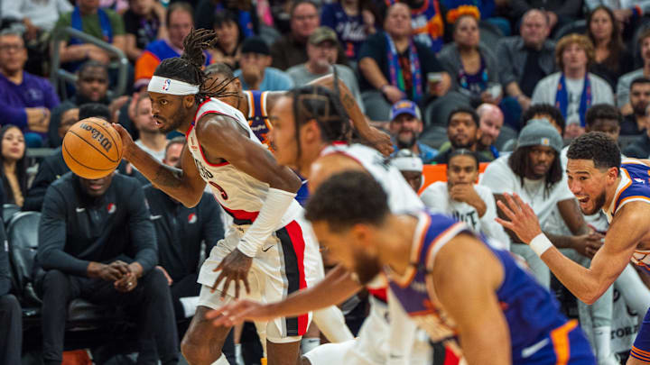 Nov 2, 2024; Phoenix, Arizona, USA; Portland Trail Blazers forward Jerami Grant (9) drives to the basket against the Phoenix Suns in the last minute of the game at Footprint Center. Mandatory Credit: Allan Henry-Imagn Images Nov 2, 2024; Phoenix, Arizona, USA; Portland Trail Blazers forward Jerami Grant (9) drives to the basket against the Phoenix Suns in the last minute of the game at Footprint Center. Mandatory Credit: Allan Henry-Imagn Images
