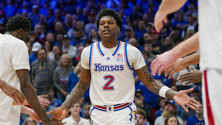 Nov 30, 2024; Lawrence, Kansas, USA; Kansas Jayhawks guard AJ Storr (2) is introduced prior to a game against the Furman Paladins at Allen Fieldhouse. Mandatory Credit: Jay Biggerstaff-Imagn Images