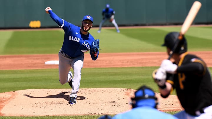 Bradenton, Florida, USA; Toronto Blue Jays starting pitcher Thomas Hatch (31) throws a pitch in the first inning against the Pittsburgh Pirates  during spring training at LECOM Park.