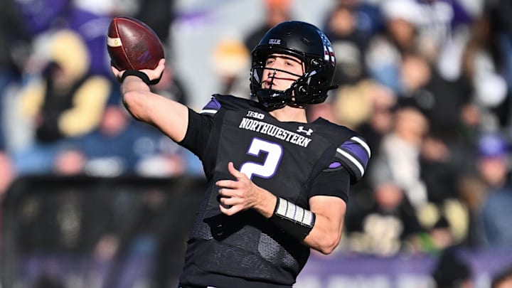 Nov 18, 2023; Evanston, Illinois, USA;  Northwestern Wildcats quarterback Ben Bryant (2) passes the