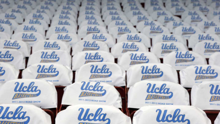 Dec 20, 2011; Los Angeles, CA, USA; General view of seat cushions at the Sports Arena with the words: UCLA Basketball 2011-2013 Road Show before the game against the UC Irvine Anteaters. Mandatory Credit: Kirby Lee/Image of Sport-USA TODAY Sports