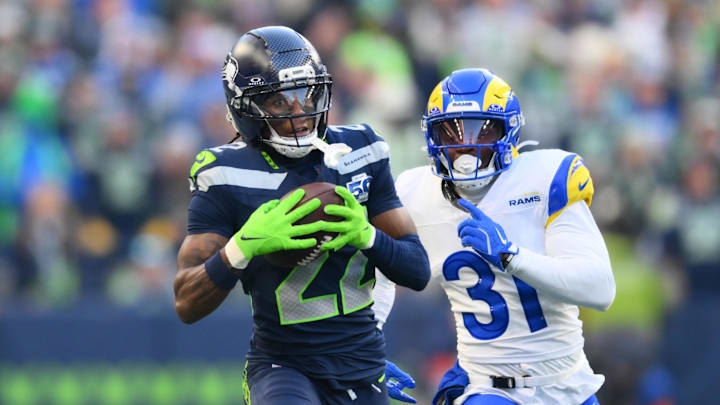 Jan 25, 2026; Seattle, WA, USA; Seattle Seahawks wide receiver Rashid Shaheed (22) makes a catch in the first half against the Los Angeles Rams in the 2026 NFC Championship Game at Lumen Field. Mandatory Credit: Steven Bisig-Imagn Images