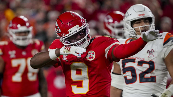 Dec 25, 2025; Kansas City, Missouri, USA; Kansas City Chiefs wide receiver Juju Smith-Schuster (9) celebrates during the fourth quarter at GEHA Field at Arrowhead Stadium. Mandatory Credit: Denny Medley-Imagn Images