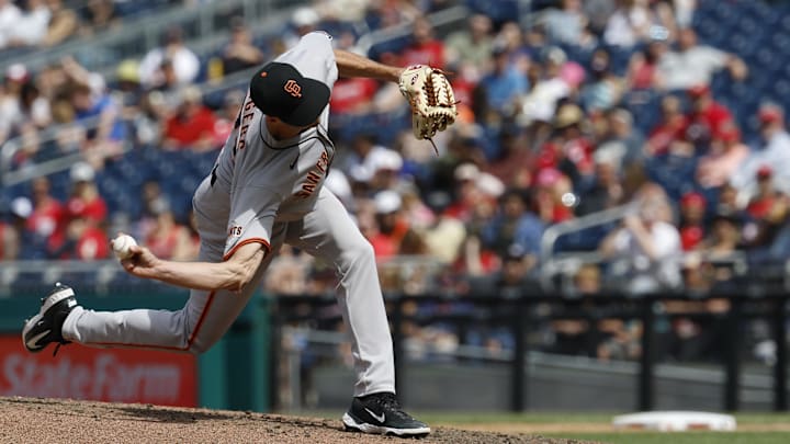 May 25, 2025; Washington, District of Columbia, USA; San Francisco Giants relief pitcher Tyler Rogers (71) pitches against the Washington Nationals during the eighth inning at Nationals Park.
