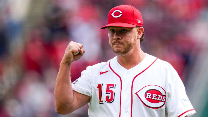 Cincinnati Reds pitcher Emilio Pagán (15) celebrates the final out of the ninth inning of the MLB Interleague game between the Cincinnati Reds and the Boston Red Sox at Great American Ball Park in downtown Cincinnati on Sunday, March 29, 2026. The game was scoreless after three innings. The Reds won 3-2 to take the season-opening series from the Red Sox.