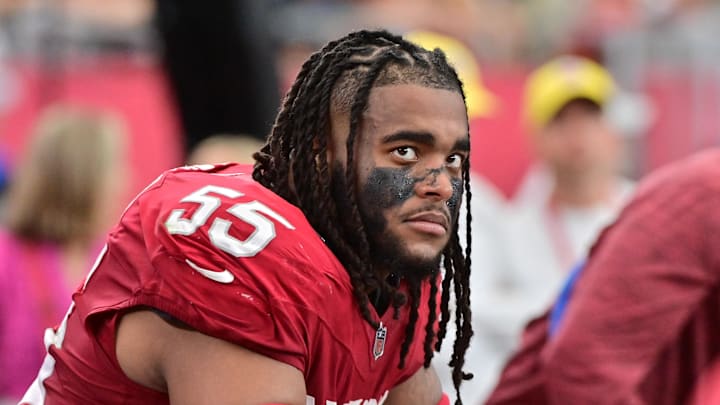 Sep 29, 2024; Glendale, Arizona, USA;  Arizona Cardinals defensive tackle Dante Stills (55) reacts in the second half against the Washington Commanders at State Farm Stadium. Mandatory Credit: Matt Kartozian-Imagn Images