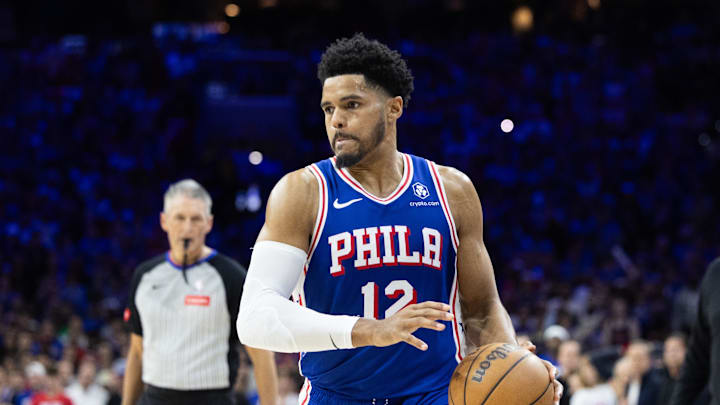 May 2, 2024; Philadelphia, Pennsylvania, USA; Philadelphia 76ers forward Tobias Harris (12) in action against the New York Knicks during game six of the first round for the 2024 NBA playoffs at Wells Fargo Center. Mandatory Credit: Bill Streicher-Imagn Images