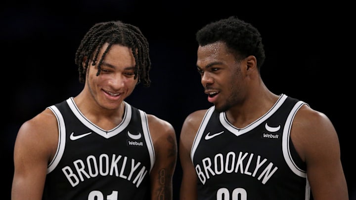 Apr 10, 2024; Brooklyn, New York, USA; Brooklyn Nets center Day'Ron Sharpe (20) talks to forward Apr 10, 2024; Brooklyn, New York, USA; Brooklyn Nets center Day'Ron Sharpe (20) talks to forward