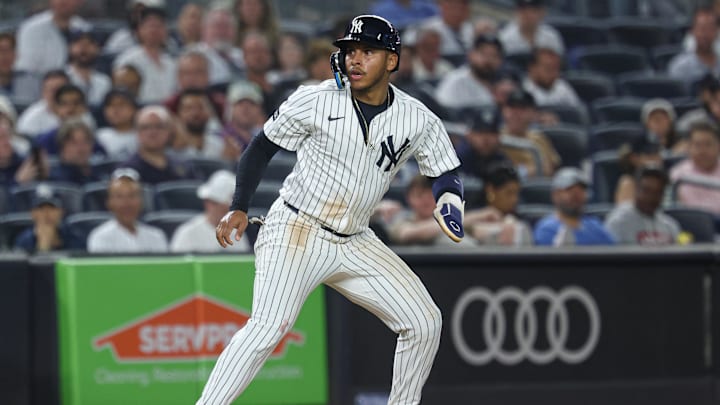 May 2, 2025; Bronx, New York, USA; New York Yankees second baseman Jorbit Vivas (90) takes a lead at third base during the fifth inning against the Tampa Bay Rays at Yankee Stadium. Mandatory Credit: Vincent Carchietta-Imagn Images
