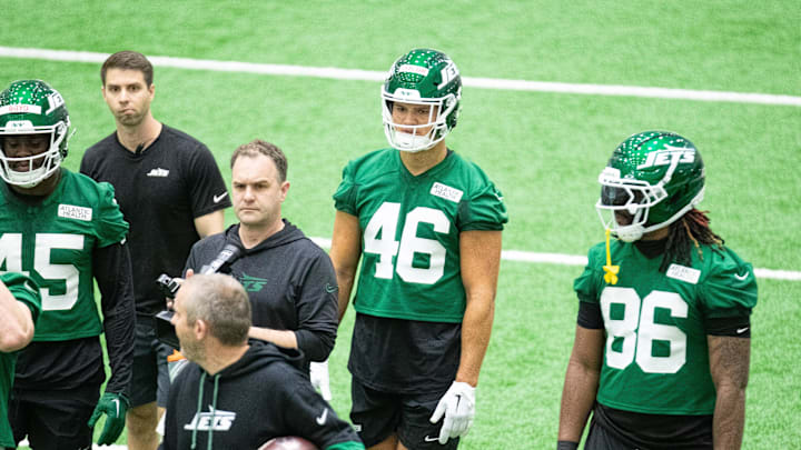 May 9, 2025; Florham Park, NJ, USA; New York Jets rookie tight end Mason Taylor (46) participates in a drill during the minicamp at Atlantic Health Jets Training Center. Mandatory Credit: Thomas Salus-Imagn Images May 9, 2025; Florham Park, NJ, USA; New York Jets rookie tight end Mason Taylor (46) participates in a drill during the minicamp at Atlantic Health Jets Training Center. Mandatory Credit: Thomas Salus-Imagn Images