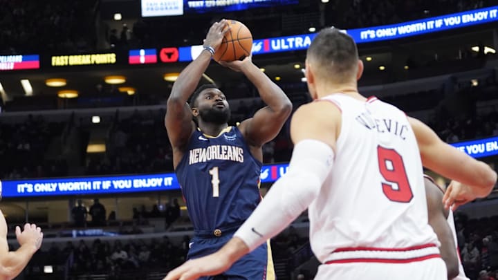 Jan 14, 2025; Chicago, Illinois, USA; Chicago Bulls center Nikola Vucevic (9) defends New Orleans Pelicans forward Zion Williamson (1) during the first quarter at United Center. Mandatory Credit: David Banks-Imagn Images Jan 14, 2025; Chicago, Illinois, USA; Chicago Bulls center Nikola Vucevic (9) defends New Orleans Pelicans forward Zion Williamson (1) during the first quarter at United Center. Mandatory Credit: David Banks-Imagn Images