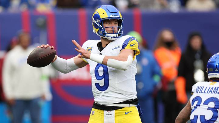 Dec 31, 2023; East Rutherford, New Jersey, USA; Los Angeles Rams quarterback Matthew Stafford (9) throws the ball during the first half against the New York Giants at MetLife Stadium. Mandatory Credit: Vincent Carchietta-USA TODAY Sports