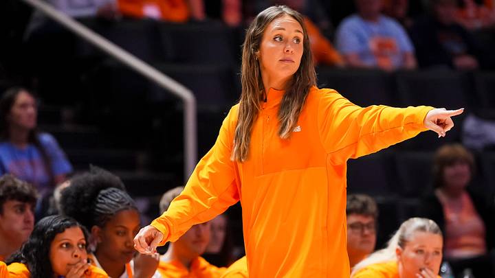 Tennessee coach Kim Caldwell during a women's college basketball game between the Lady Vols and Coppin State held at Thompson-Boling Arena at Food City Center in Knoxville, Tenn., on Nov. 23, 2025. Tennessee coach Kim Caldwell during a women's college basketball game between the Lady Vols and Coppin State held at Thompson-Boling Arena at Food City Center in Knoxville, Tenn., on Nov. 23, 2025.