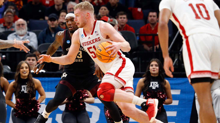 - Mar 22, 2024; Memphis, TN, USA; Nebraska Cornhuskers forward Rienk Mast (51) drives to the basket as Texas A&M Aggies guard Tyrece Radford (23) defends during the first half in the NCAA Tournament First Round at FedExForum. Mandatory Credit: Petre Thomas-Imagn Images