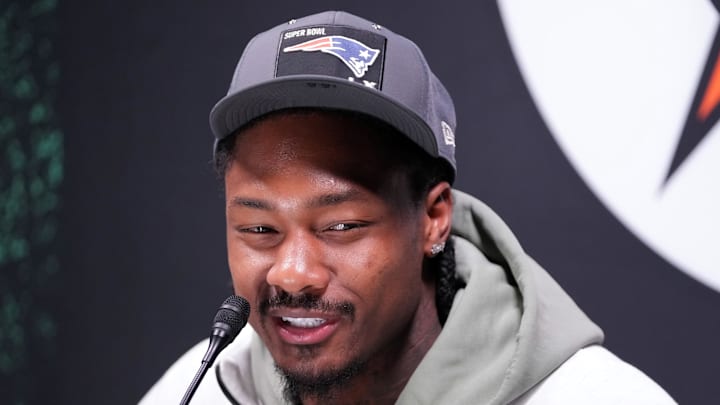 New England Patriots wide receiver Stefon Diggs speaks to media during Opening Night for Super Bowl LX.