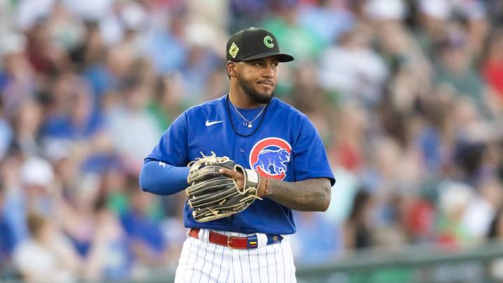 Mar 17, 2026; Mesa, Arizona, USA; Chicago Cubs third baseman Pedro Ramirez against the Los Angeles Angels during a spring training game at Sloan Park. Mandatory Credit: Mark J. Rebilas-Imagn Images