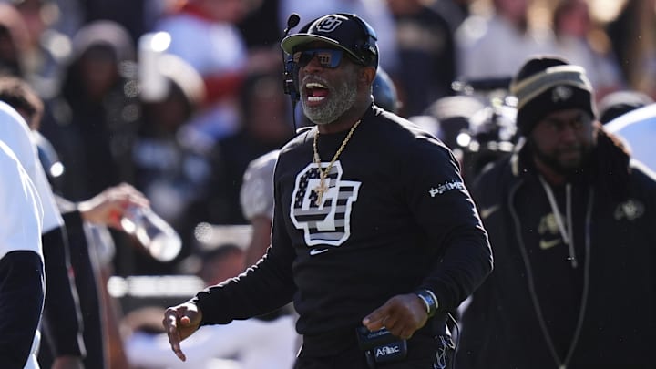 Nov 16, 2024; Boulder, Colorado, USA; Colorado Buffaloes head coach Deion Sanders reacts in the first quarter against the Utah Utes at Folsom Field. Mandatory Credit: Ron Chenoy-Imagn Images
