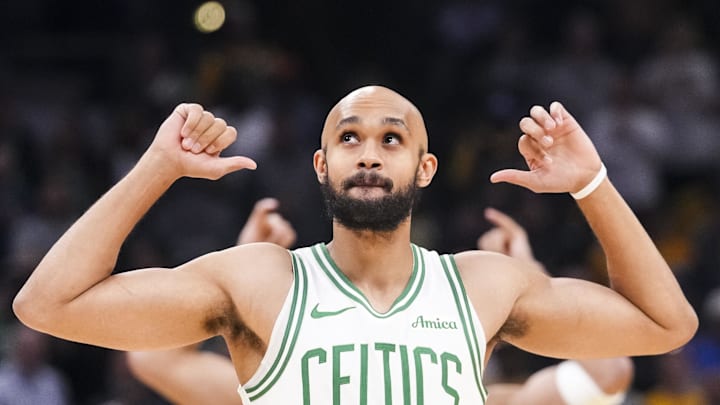 Oct 30, 2024; Indianapolis, Indiana, USA; Boston Celtics guard Derrick White (9) reacts to a play during a game against the Indiana Pacers at Gainbridge Fieldhouse. Mandatory Credit: Grace Smith-Imagn Images Oct 30, 2024; Indianapolis, Indiana, USA; Boston Celtics guard Derrick White (9) reacts to a play during a game against the Indiana Pacers at Gainbridge Fieldhouse. Mandatory Credit: Grace Smith-Imagn Images