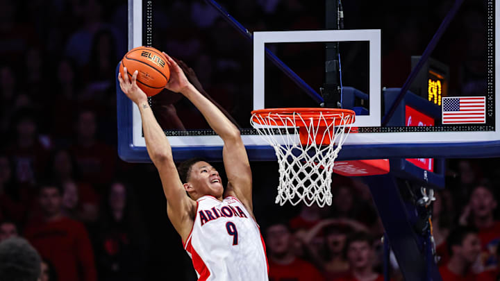 Mar 4, 2025; Tucson, Arizona, USA; Arizona Wildcats forward Carter Bryant (9) dunks the ball during the first half against the Arizona State Sun Devils at McKale Center. Mandatory Credit: Aryanna Frank-Imagn Images