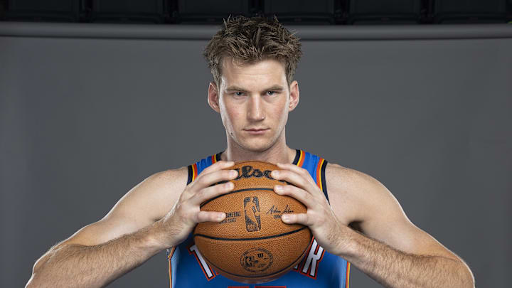 Sep 29, 2025; Oklahoma City, OK, USA; Oklahoma City Thunder center Branden Carlson (15) poses for a photo during the 2025 Oklahoma City Thunder media day at Paycom Center. Mandatory Credit: Alonzo Adams-Imagn Images Sep 29, 2025; Oklahoma City, OK, USA; Oklahoma City Thunder center Branden Carlson (15) poses for a photo during the 2025 Oklahoma City Thunder media day at Paycom Center. Mandatory Credit: Alonzo Adams-Imagn Images