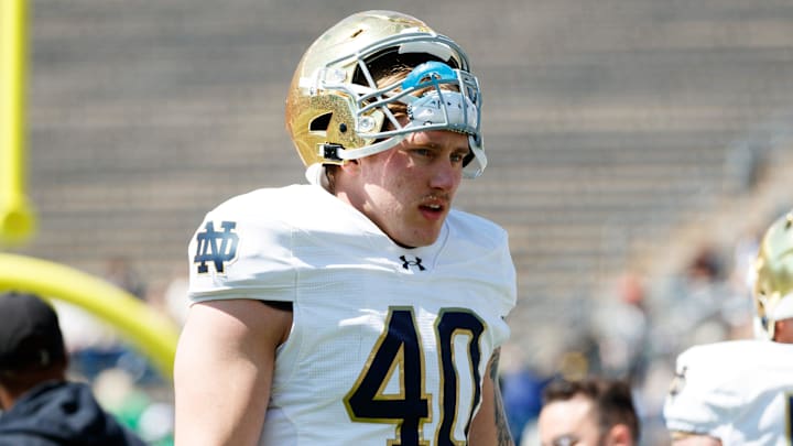 Notre Dame defensive lineman Joshua Burnham during the Notre Dame Blue-Gold spring football game at Notre Dame Stadium on Saturday, April 12, 2025, in South Bend. Notre Dame defensive lineman Joshua Burnham during the Notre Dame Blue-Gold spring football game at Notre Dame Stadium on Saturday, April 12, 2025, in South Bend.