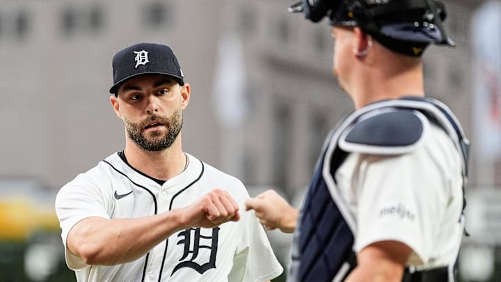 Detroit Tigers pitcher Brenan Hanifee (75) fist bumps catcher Jake Rogers (34) during the first inning against Chicago White Sox at Comerica Park in Detroit on Friday, Sept. 27, 2024.