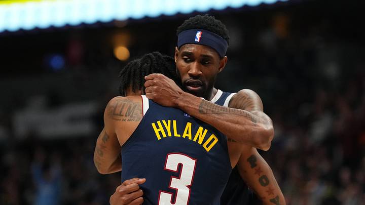 Apr 5, 2022; Denver, Colorado, USA; Denver Nuggets forward Will Barton (5) hugs guard Bones Hyland (3) in the second half against the San Antonio Spurs at Ball Arena. Mandatory Credit: Ron Chenoy-USA TODAY Sports Apr 5, 2022; Denver, Colorado, USA; Denver Nuggets forward Will Barton (5) hugs guard Bones Hyland (3) in the second half against the San Antonio Spurs at Ball Arena. Mandatory Credit: Ron Chenoy-USA TODAY Sports